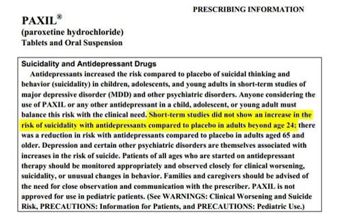 Paxil Label with highlighted text that was misleading